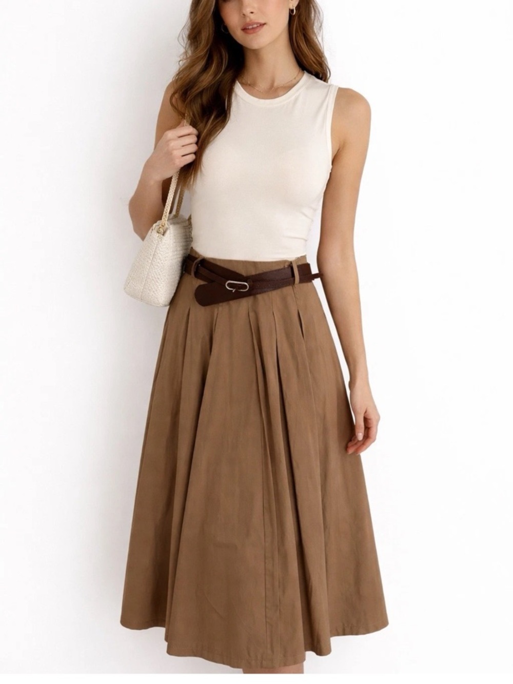 Zara Pleated Maxi Skirt Set with Belt Tan Brown Cream Sleeveless Size S